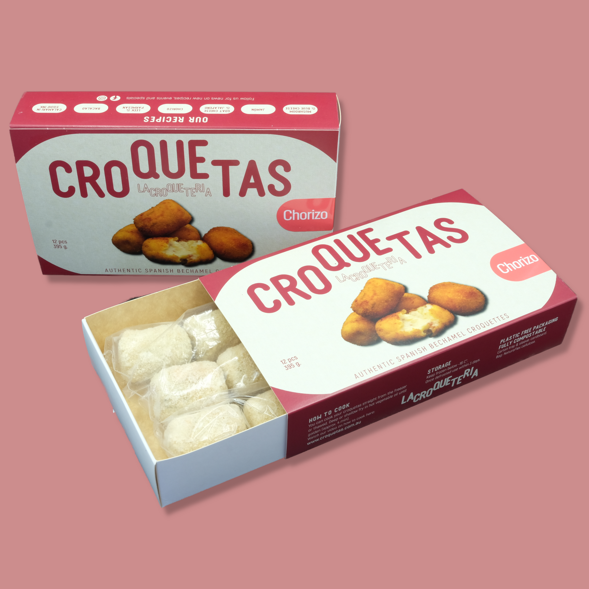 Chorizo croquetas. Artisan Spanish chorizo croquettes  by La Croqueteria. Melbourne (Australia). Retail format 12pcs 395g. Also available in wholesale format..