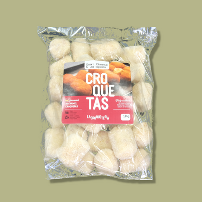 Goat cheese & jalapeno croquetas. Artisan Spanish goat cheese & jalapeno croquettes by La Croqueteria. Melbourne (Australia). Retail format 1Kg (approx. 30pcs). Also available in wholesale format..