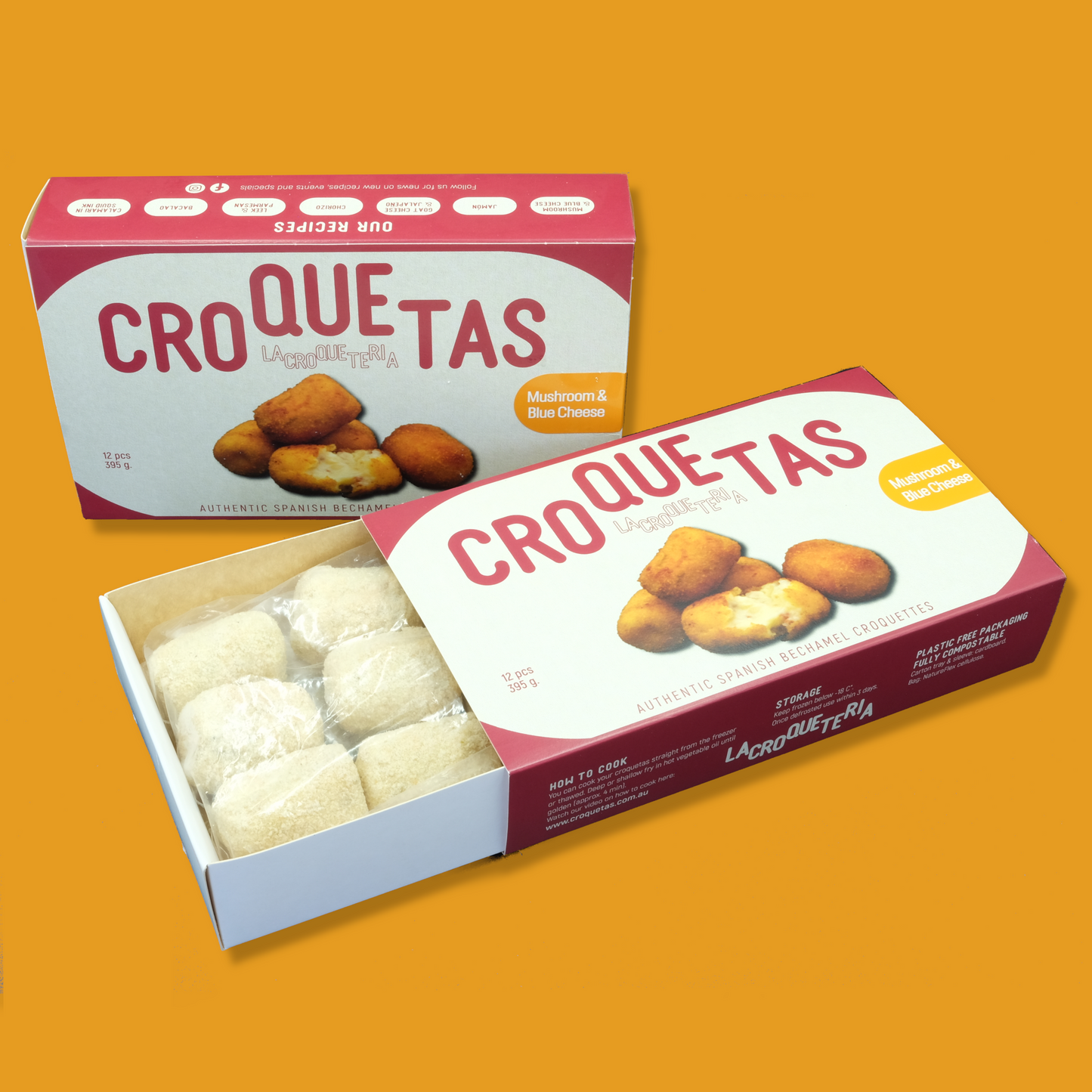 Mushroom & blue cheese croquetas. Artisan Spanish mushroom & blue cheese croquettes  by La Croqueteria. Melbourne (Australia). Retail format 12pcs 395g. Also available in wholesale format..